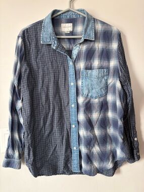 Cute women’s patchwork plaid and denim button up shirt